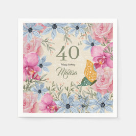 Gelukkige verjaardag 40e Waterverf rustieke bloeme Servet