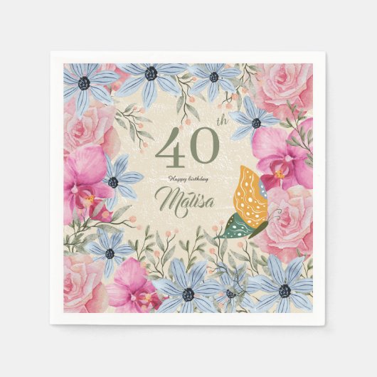 Gelukkige verjaardag 40e Waterverf rustieke bloeme Servet (Voorkant)