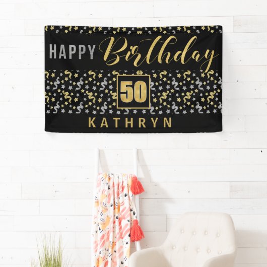 Gelukkige Verjaardag 50 met Naam Zwart en Goud Spandoek (Insitu)