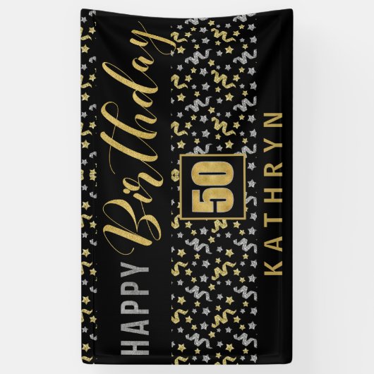 Gelukkige Verjaardag 50 met Naam Zwart en Goud Spandoek (Verticaal)