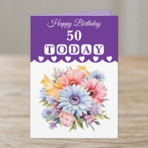 Gelukkige verjaardag 50 vandaag bloemen paars
