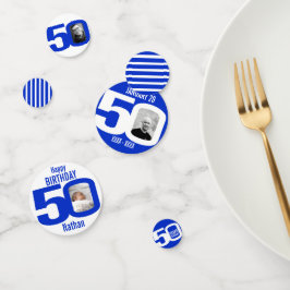 Gelukkige verjaardag 50e naam foto blauw wit confetti