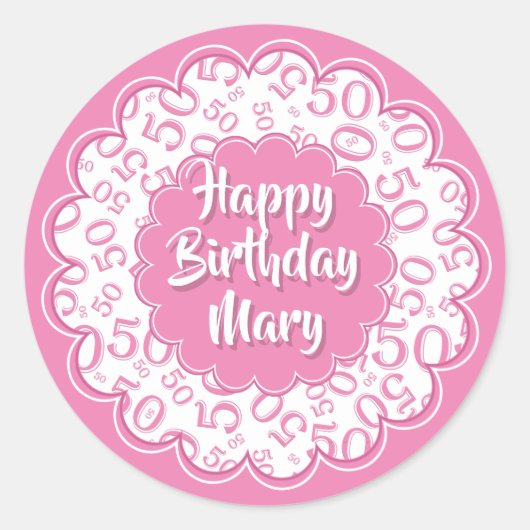 Gelukkige Verjaardag 50ste Nummerpatroon Roze en W Ronde Sticker (Voorkant)