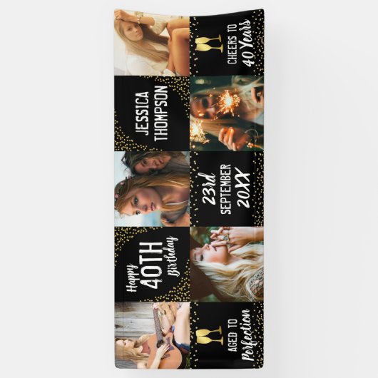 Gelukkige Verjaardag 5 Foto Zwart Goud Spandoek (Verticaal)