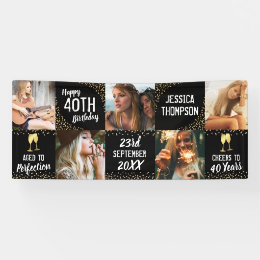 Gelukkige Verjaardag 5 Foto Zwart Goud Spandoek (Horizontaal)