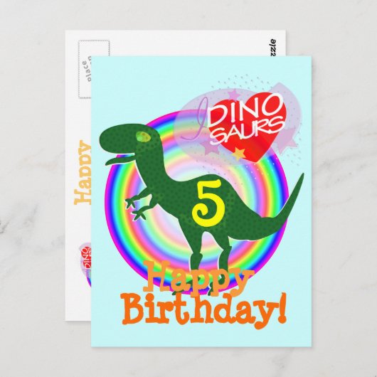 Gelukkige Verjaardag 5 Jaar T-Rex Dino Briefkaart (Voorkant / Achterkant)