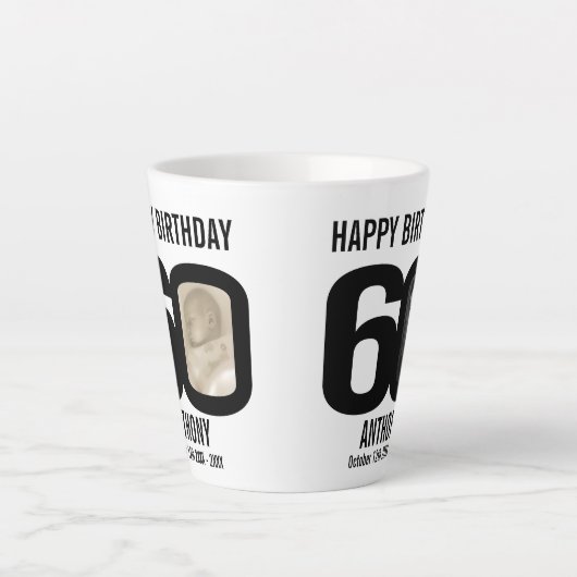 Gelukkige verjaardag 60 naam en twee foto's in jaa latte mok (Voorkant)