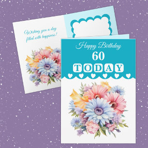 Gelukkige Verjaardag 60 vandaag bloemen turquoise Kaart