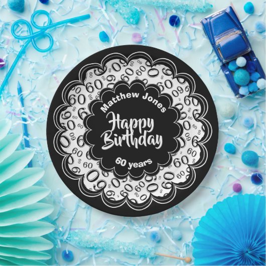 Gelukkige Verjaardag 60e Zwart/Wit Nummerpatroon Papieren Bordje (Feest)
