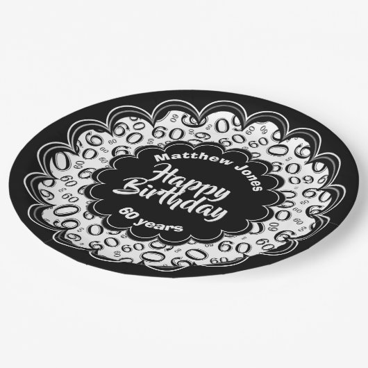 Gelukkige Verjaardag 60e Zwart/Wit Nummerpatroon Papieren Bordje (Gekanteld)