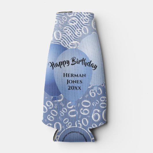 Gelukkige Verjaardag 60ste Nummerpatroon Blauw en  Flesjeskoeler (Voorkant)