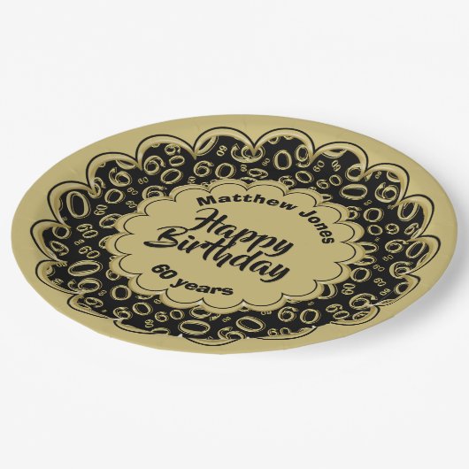 Gelukkige Verjaardag 60ste Zwart/Gouden Nummerpatr Papieren Bordje (Gekanteld)