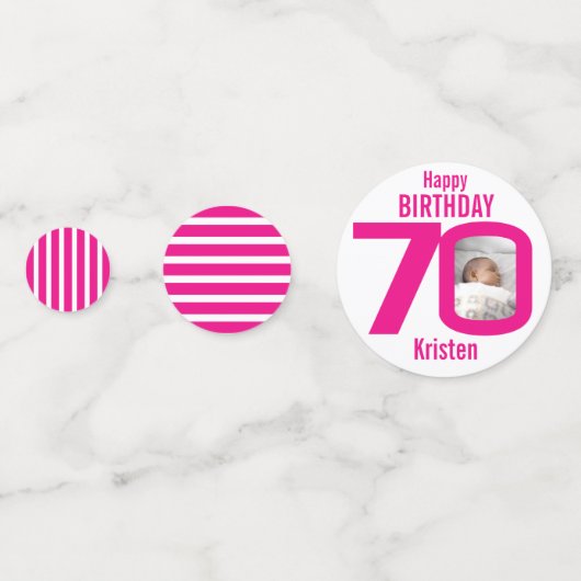 Gelukkige verjaardag 70e naam foto roze wit confetti (Achterkanten)