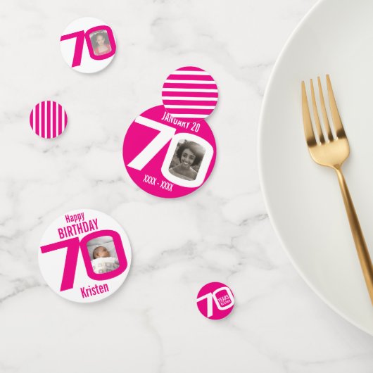 Gelukkige verjaardag 70e naam foto roze wit confetti (Groep)