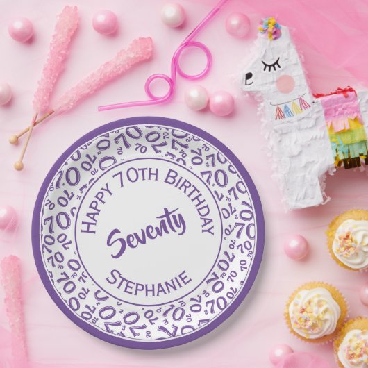 Gelukkige Verjaardag 70ste Paarse/Witte Getal Patr Papieren Bordje (Feest)