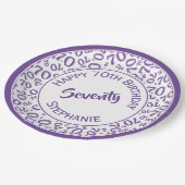 Gelukkige Verjaardag 70ste Paarse/Witte Getal Patr Papieren Bordje (Gekanteld)