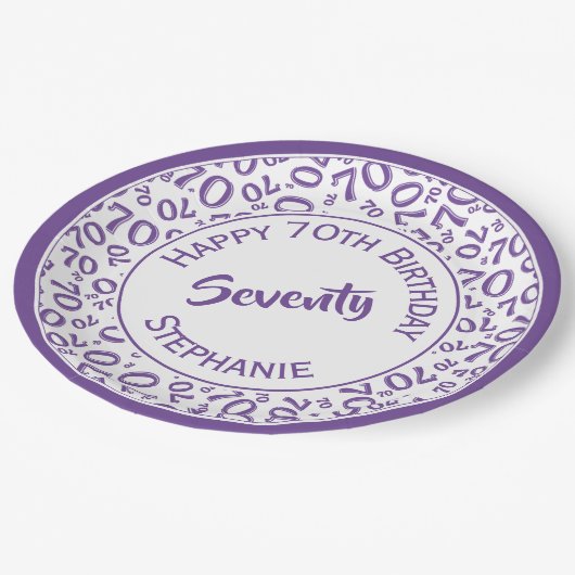 Gelukkige Verjaardag 70ste Paarse/Witte Getal Patr Papieren Bordje (Gekanteld)