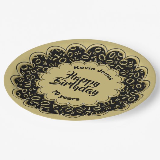 Gelukkige Verjaardag 70ste Zwart/Goud Getal Patroo Papieren Bordje (Gekanteld)