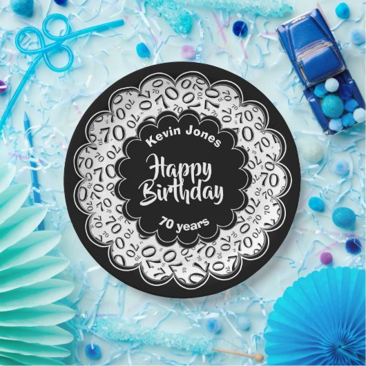 Gelukkige Verjaardag 70ste Zwart/Wit Getal Patroon Papieren Bordje (Feest)