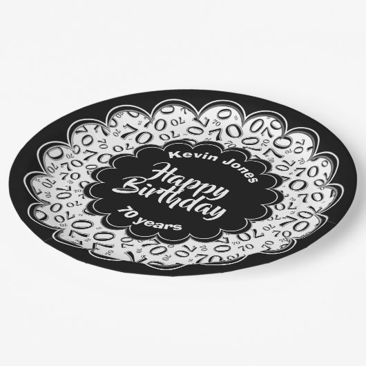 Gelukkige Verjaardag 70ste Zwart/Wit Getal Patroon Papieren Bordje (Gekanteld)