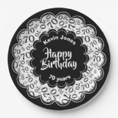 Gelukkige Verjaardag 70ste Zwart/Wit Getal Patroon Papieren Bordje (Voorkant)