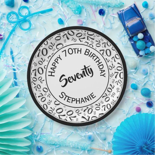 Gelukkige Verjaardag 70ste Zwart/Wit Getal Patroon Papieren Bordje (Feest)