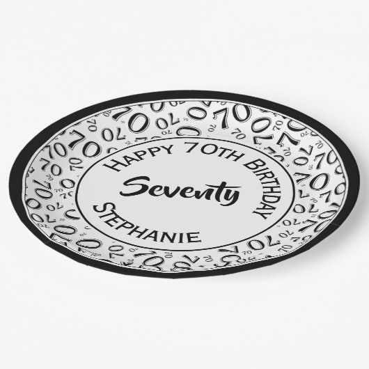 Gelukkige Verjaardag 70ste Zwart/Wit Getal Patroon Papieren Bordje (Gekanteld)