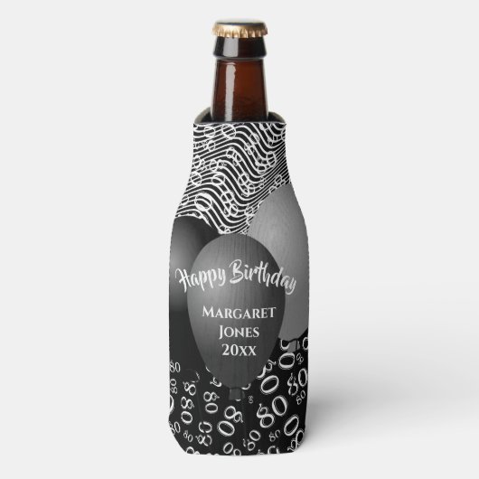 Gelukkige Verjaardag 80ste Nummerpatroon Zwart-wit Flesjeskoeler (Fles Voorkant)