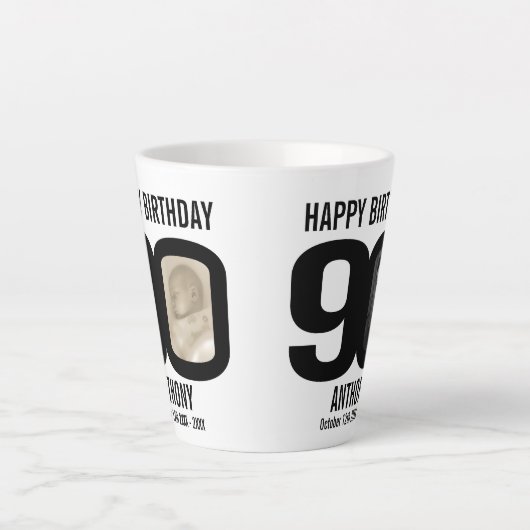 Gelukkige verjaardag 90 naam en twee foto's in jaa latte mok (Voorkant)