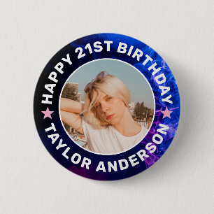 Gelukkige verjaardag aangepaste foto blauwe rook r ronde button 5,7 cm