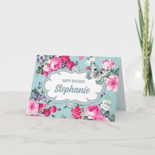 Gelukkige verjaardag. Aangepaste naam | Bloemen en Kaart (Voorkant)