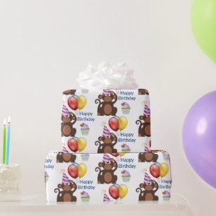 Gelukkige verjaardag aap en ballonnen feest cadeaupapier