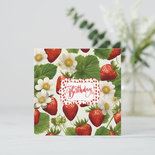 Gelukkige Verjaardag Aardbeien, bladeren en bloeme (Staand voorkant)