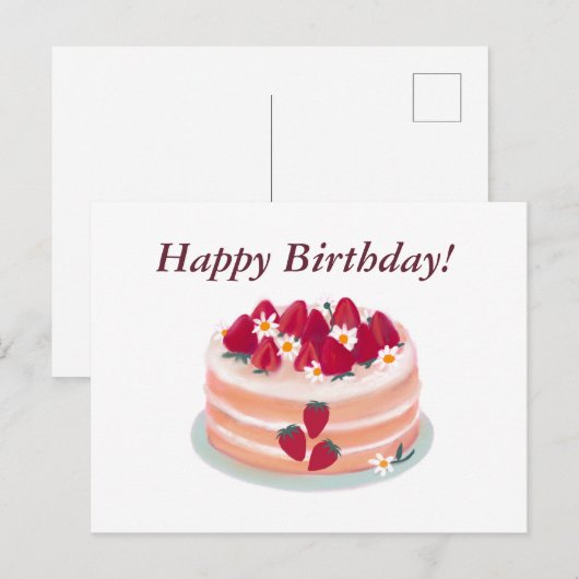 Gelukkige verjaardag Aardbeien Fruitcake en Bloeme Briefkaart (Voorkant / Achterkant)
