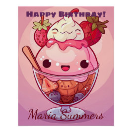 Gelukkige verjaardag Aardbeien ijs Kawaii Perfect Poster