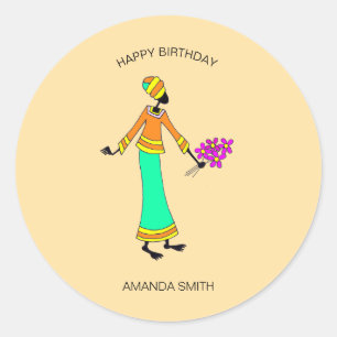 Gelukkige Verjaardag Abstract, Dame en Bloemen Ronde Sticker
