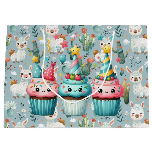 Gelukkige verjaardag alpaca's en cupcakes groot cadeauzakje (Voorkant)