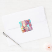 Gelukkige Verjaardag Anime Meisje met Whimsical Cu Vierkante Sticker (Envelop)
