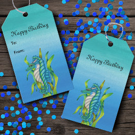 Gelukkige Verjaardag Aqua Blue Zee Dragon Creature Cadeaulabel