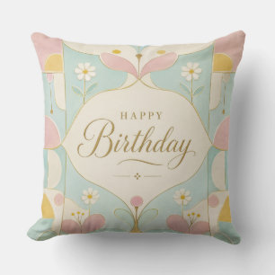 Gelukkige Verjaardag Art Deco Pastel Bloem Geometr Kussen