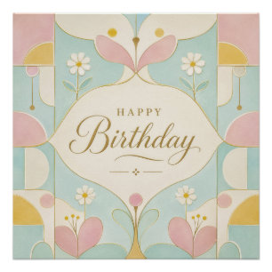 Gelukkige Verjaardag Art Deco Pastel Bloem Geometr Perfect Poster