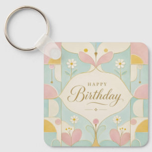 Gelukkige Verjaardag Art Deco Pastel Bloem Geometr Sleutelhanger