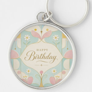 Gelukkige Verjaardag Art Deco Pastel Bloem Geometr Sleutelhanger