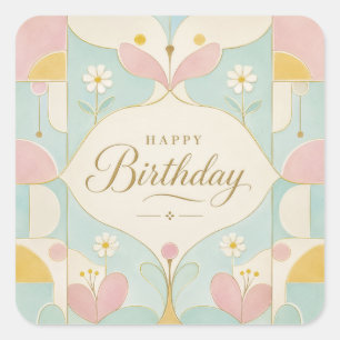 Gelukkige Verjaardag Art Deco Pastel Bloem Geometr Vierkante Sticker