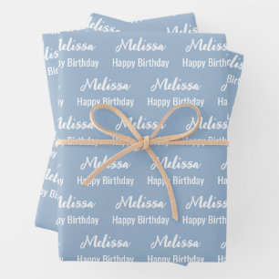 Gelukkige Verjaardag Baby Blauw en Wit Naam Patroo Inpakpapier Vel