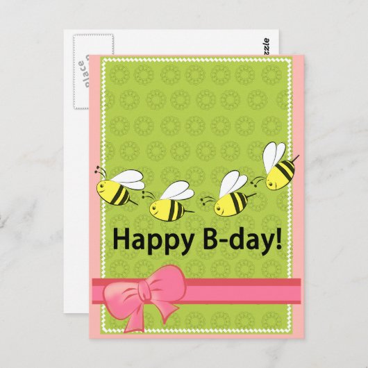 Gelukkige Verjaardag bijen B dag roze groene fun c Briefkaart (Voorkant / Achterkant)