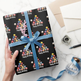Gelukkige verjaardag biljartballen op zwart cadeaupapier