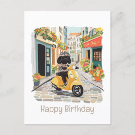 Gelukkige Verjaardag Black Doodle Riding Scooter Briefkaart