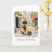 Gelukkige Verjaardag Black Doodle Riding Scooter Kaart (Gele Bloem)