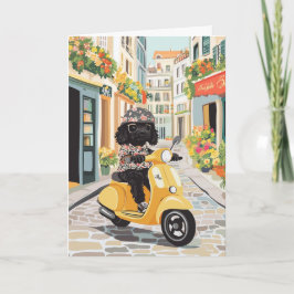 Gelukkige Verjaardag Black Doodle Riding Scooter Kaart